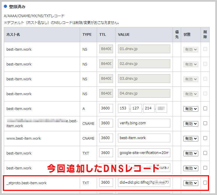 追加されたDNSレコード