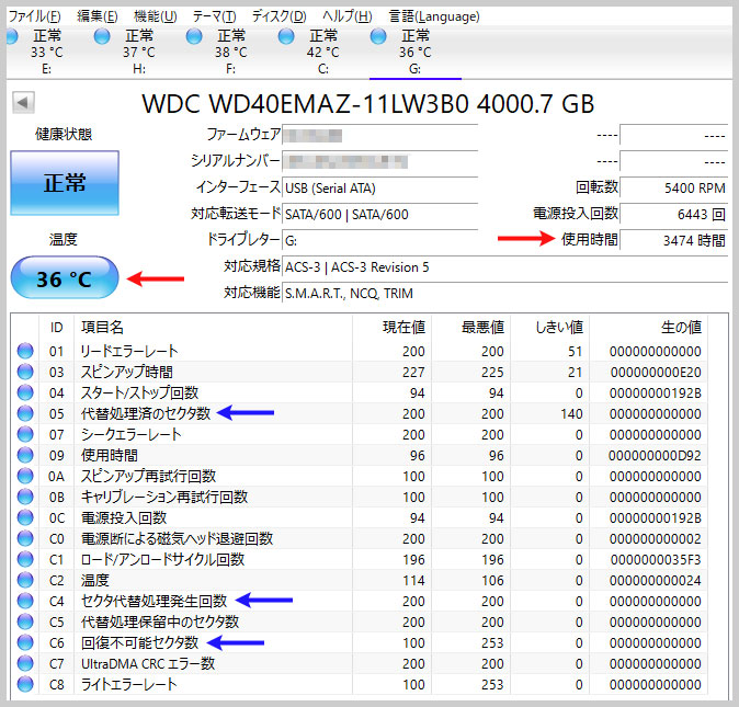 CrystalDiskInfoの結果（HDD）