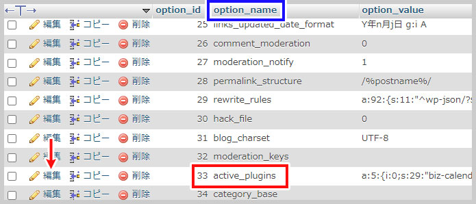 「option_name」にある「active_plugins」を編集