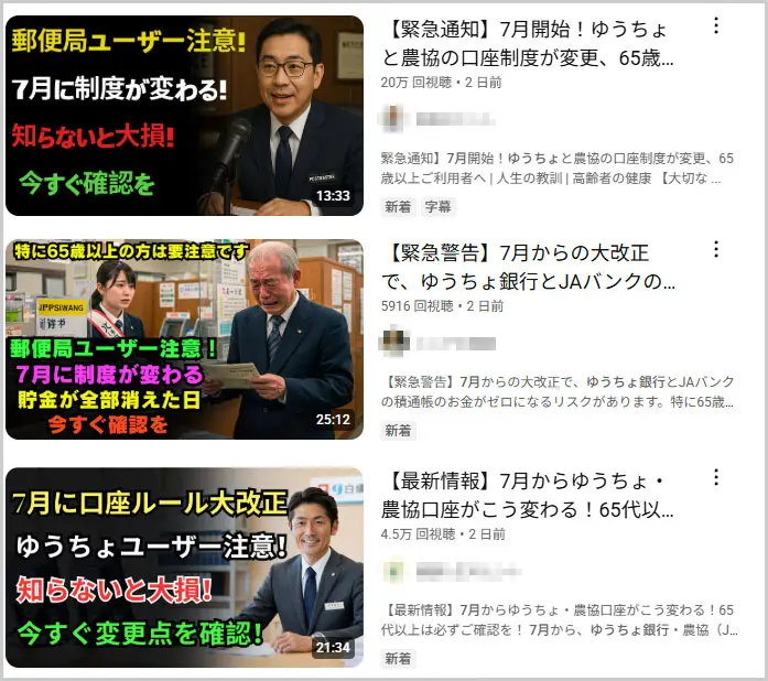ゆうちょ銀行の口座が使えなくなるフェイク動画一覧