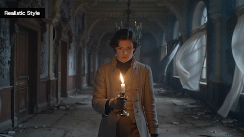 A man is walking through the abandoned Victorian mansion with a candle